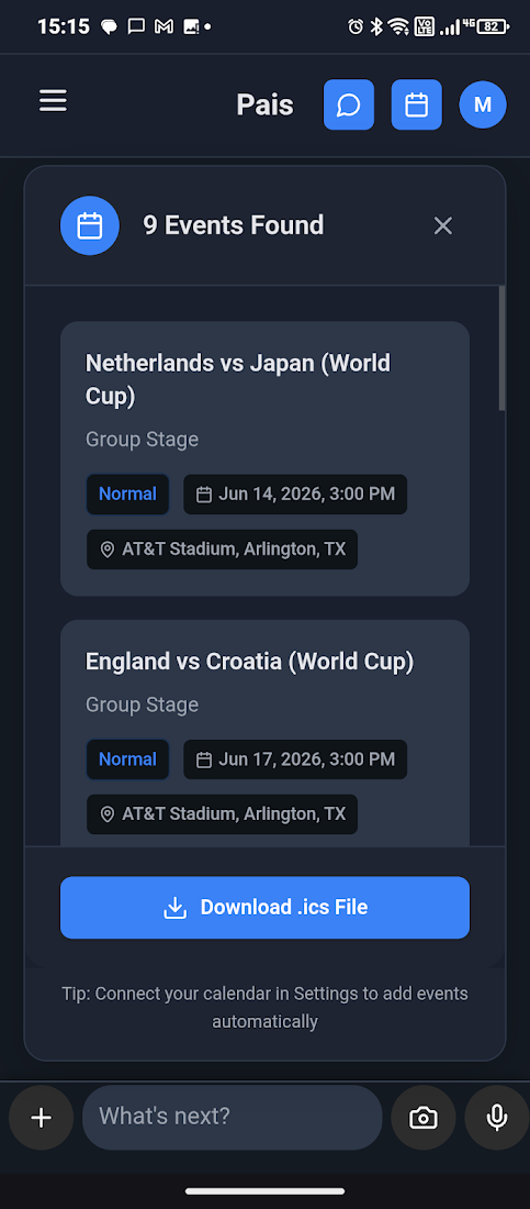 Pais displaying an extracted calendar event ready to add